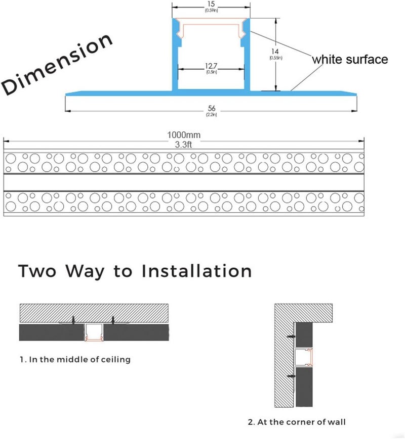 LIGHTOTECH 6Pack 3.3FT/1 Meter Plaster-in LED Drywall White Aluminum Channel with Milky Diffuser and End Caps,Recessed Aluminium LED Profile with Flange for 5-12mm Strip Lights - Image 2